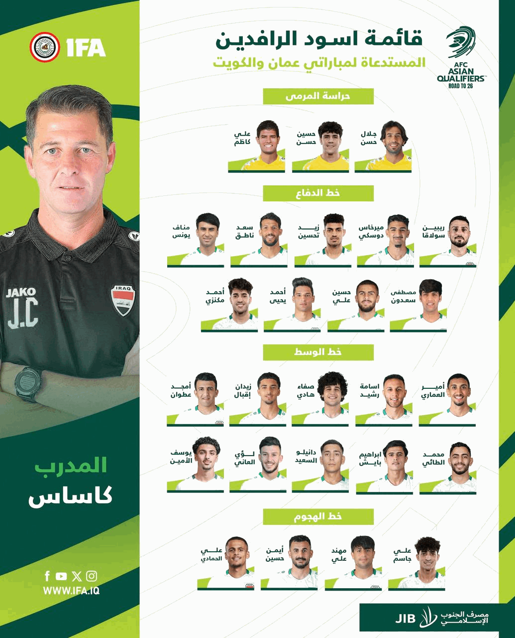 أعلن المدرب الإسباني خيسوس كاساس، المدير الفني للمنتخب العراقي، قائمة اللاعبين النهائية التي ستخوض مباراتي عمان والكويت